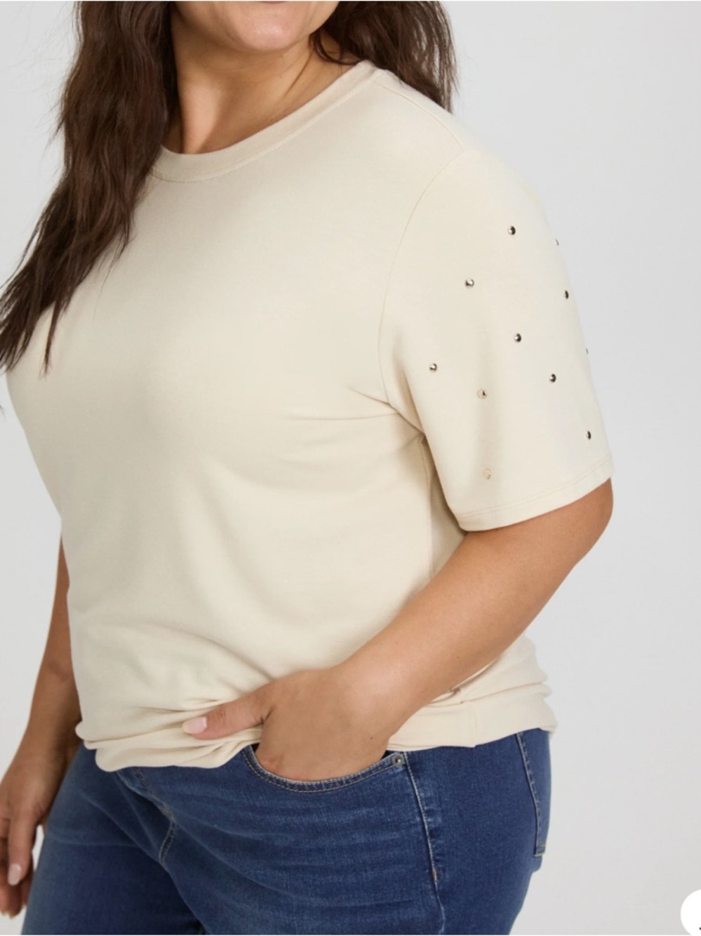 Cream Short Sleeve Tee with Stud Accents